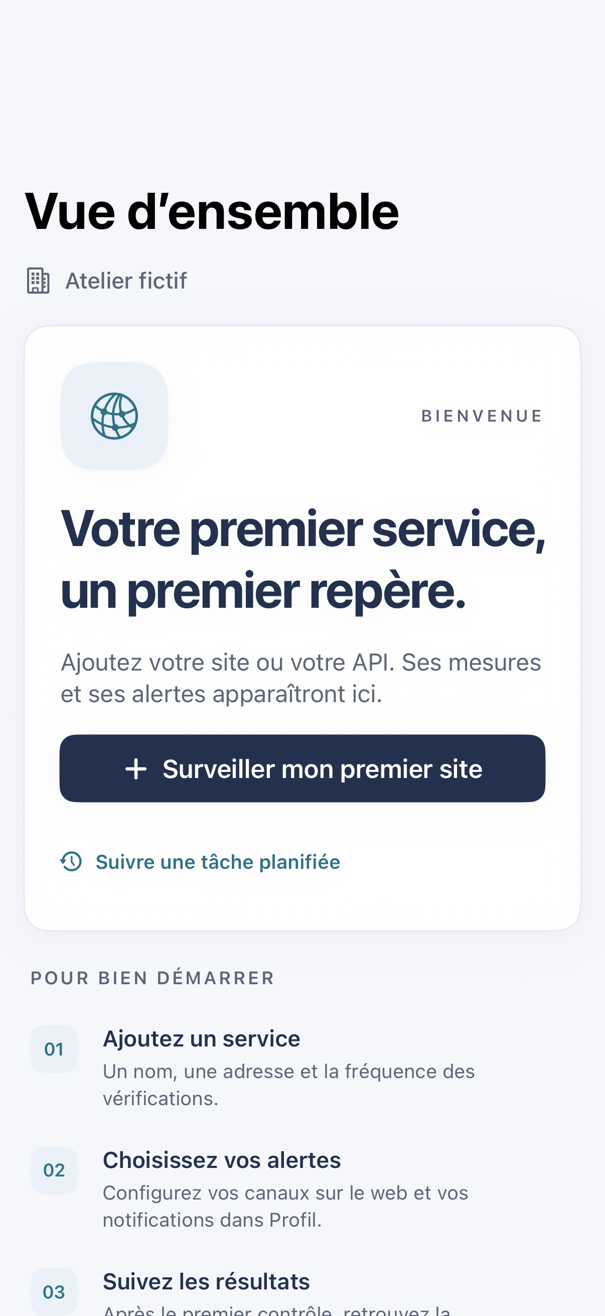 Première connexion à Monitoring iOS — compte et organisation fictifs.
